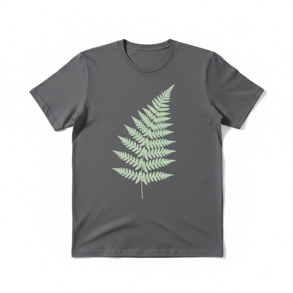Fern Silhouette Tee — A pale branching botanical silhouette across a charcoal tee.