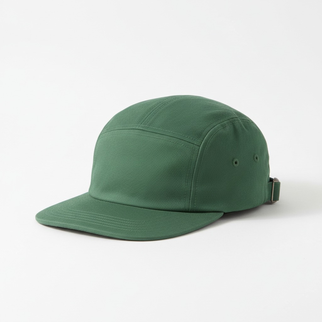 Five-Panel Flat-Brim Cap — A broad front panel, horizontal seam and a flat visor.