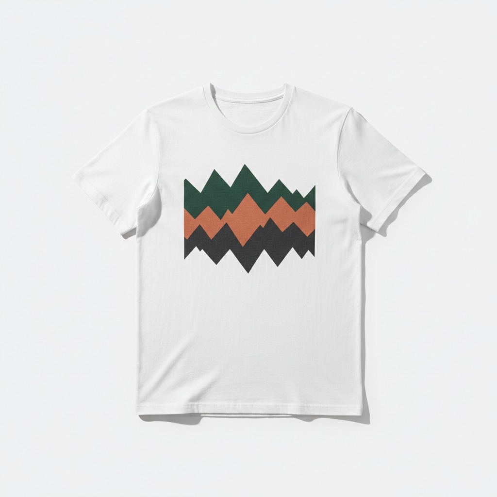 Mountain Bands Tee — Layered angular mountain bands in forest, clay and charcoal on a cloud-white tee.
