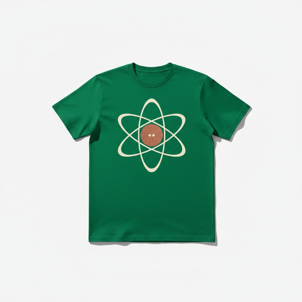 Orbital Rings Tee — Intersecting cream orbit rings and a copper disc on a forest-green tee.