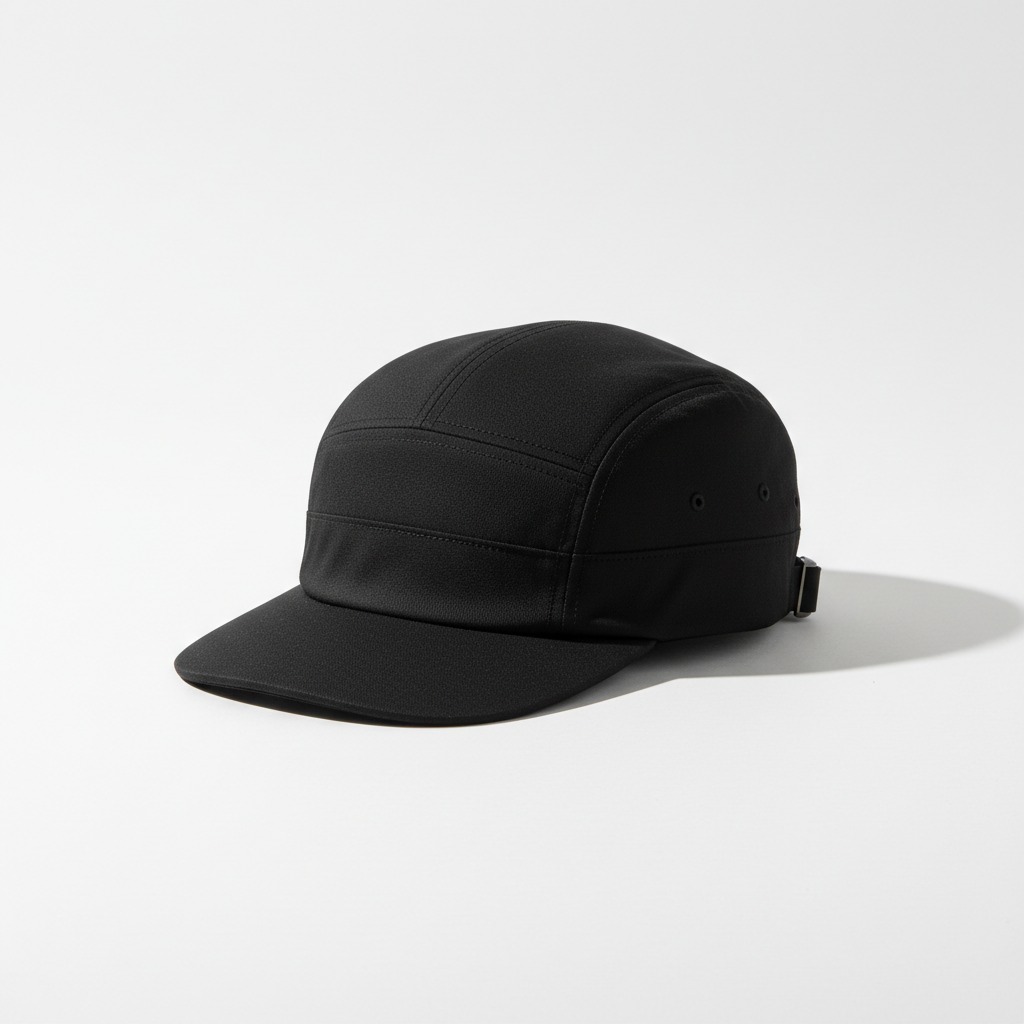 Short-Brim Panel Cap — A low segmented crown and a distinctly short straight visor.