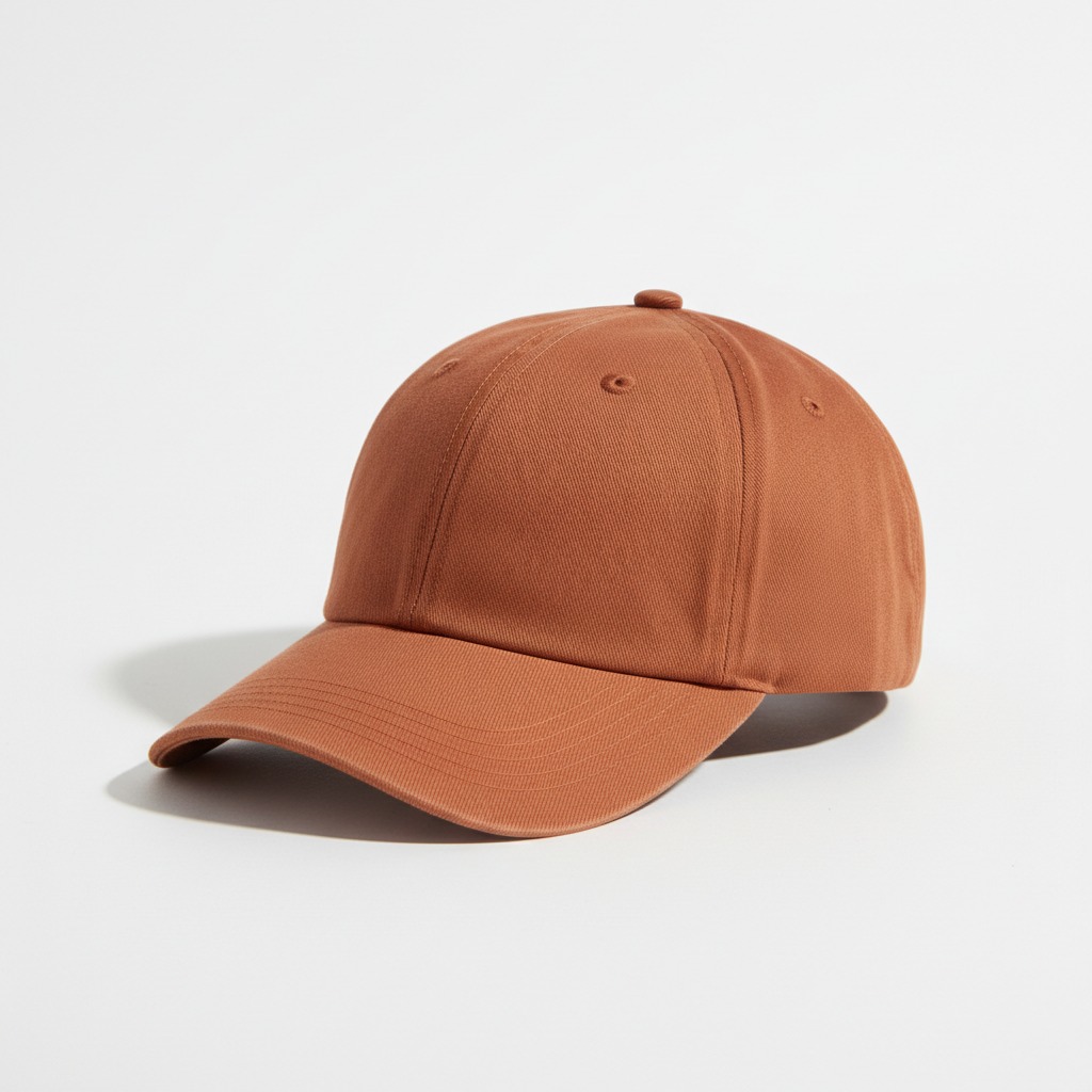 Six-Panel Curved-Brim Cap — Radial panel seams, a top button and a curved visor.