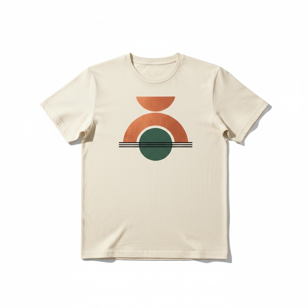 Offset Sun Tee — Offset copper sun arcs, a green disc and dark bands on a light tee.