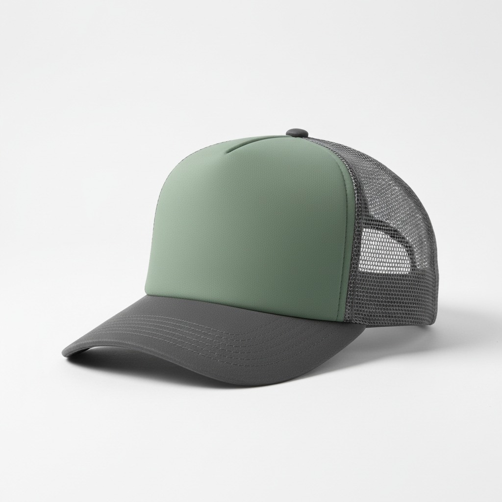 Mesh-Back Trucker Cap — A taller front, visible mesh back and curved brim.