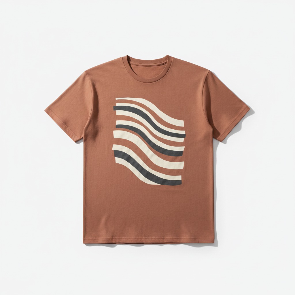 Flowing Lines Tee — An abstract cream and charcoal wave-line composition on a clay tee.